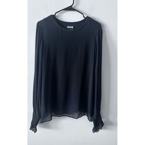 Go By GoSilk Blouse Pullover Women's L Black Semi Sheer Lined Ruffle Cuffs